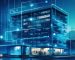 A modern office building in blue tones with a laptop, a digital tablet.Generative AI
